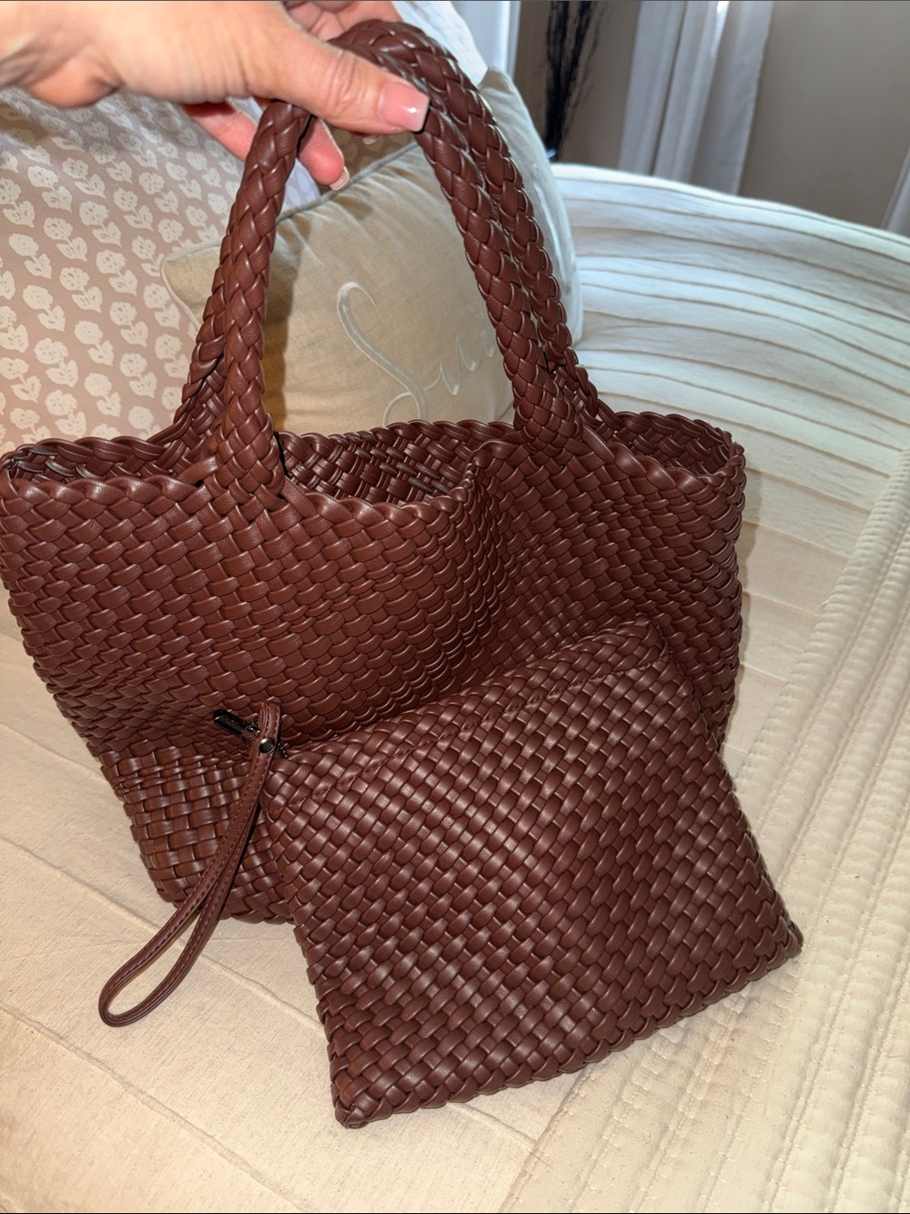 Woven Vinyl Tote and Wristlet Set - Brown